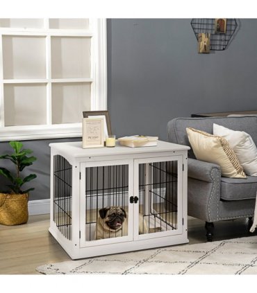 Wooden Dog Crate End Table Pet Puppy Cage w/Metal Wire for Small Dog White