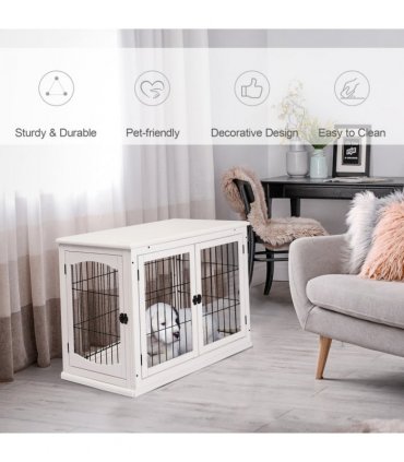 Wooden Dog Crate End Table Pet Puppy Cage w/Metal Wire for Small Dog White