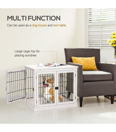Wooden Dog Crate End Table Pet Puppy Cage w/Metal Wire for Small Dog White