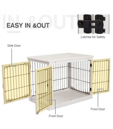 Wooden Dog Crate End Table Pet Puppy Cage w/Metal Wire for Small Dog White