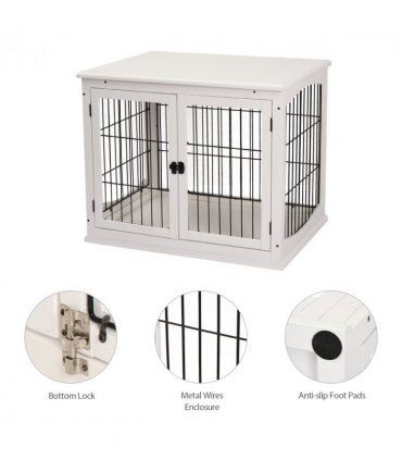 Wooden Dog Crate End Table Pet Puppy Cage w/Metal Wire for Small Dog White