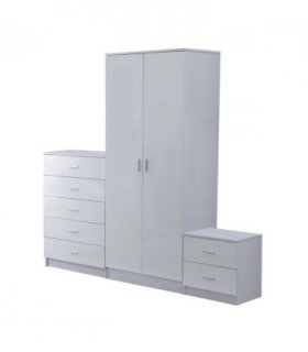Tall White High Gloss Wardrobes 3 Pc Chest Bedside Table 7 Drawer