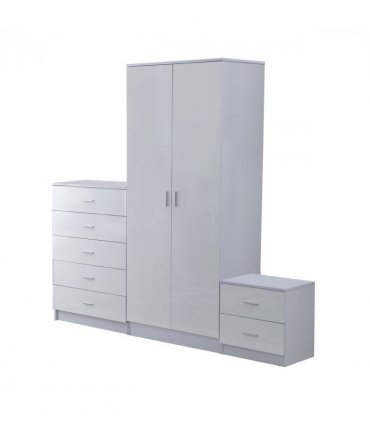 Tall White High Gloss Wardrobes 3 Pc Chest Bedside Table 7 Drawer