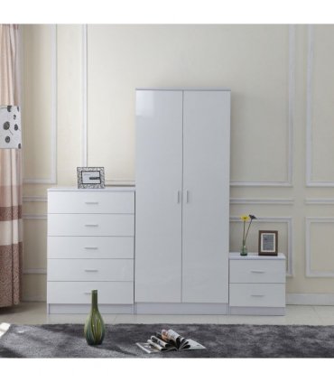Tall White High Gloss Wardrobes 3 Pc Chest Bedside Table 7 Drawer