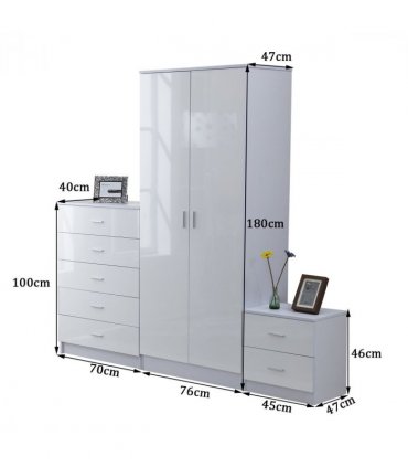 Tall White High Gloss Wardrobes 3 Pc Chest Bedside Table 7 Drawer
