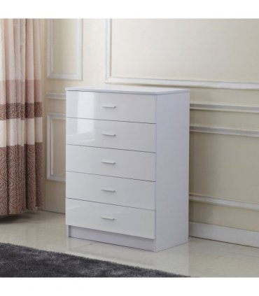 Tall White High Gloss Wardrobes 3 Pc Chest Bedside Table 7 Drawer