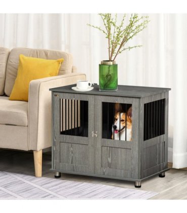 Wooden & Wire Dog Cage for Medium Dog, Stylish Pet Kennel w/ Magnetic Doors