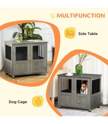 Wooden & Wire Dog Cage for Medium Dog, Stylish Pet Kennel w/ Magnetic Doors