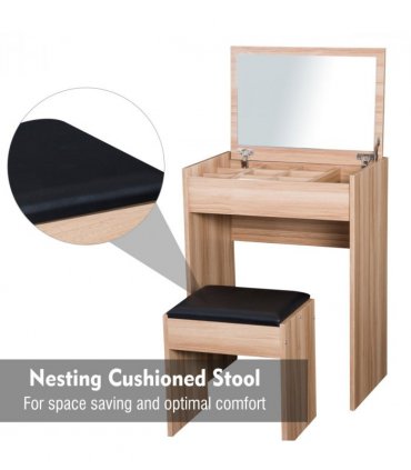 Dressing Table Set with Mirror & Stool-Wood 60.2cmx40.2cmx79cm Wood Grain