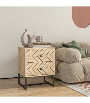 Bedside Table 2 Drawer Unit  Zig Zag Design w/ Black Metal Handles
