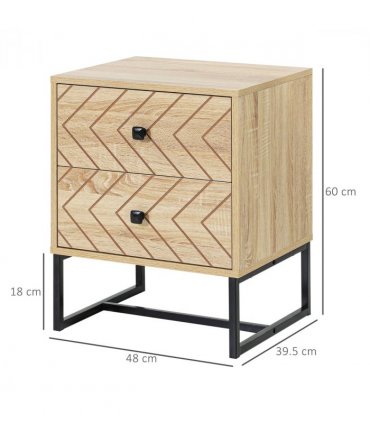 Bedside Table 2 Drawer Unit  Zig Zag Design w/ Black Metal Handles