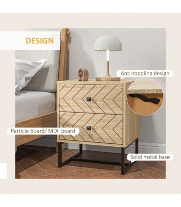 Bedside Table 2 Drawer Unit  Zig Zag Design w/ Black Metal Handles