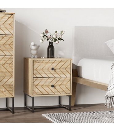 Bedside Table 2 Drawer Unit  Zig Zag Design w/ Black Metal Handles