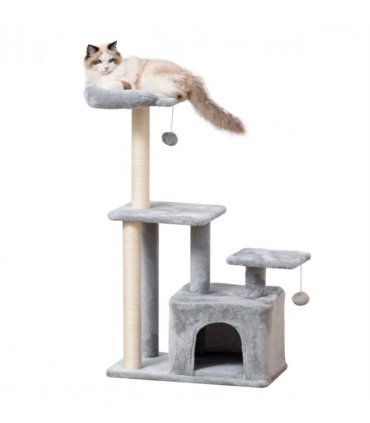 Cat Tree Tower Light Grey 60L x 40W x 114H cm Sisal Hanging Ball Condo Plush