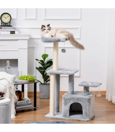 Cat Tree Tower Light Grey 60L x 40W x 114H cm Sisal Hanging Ball Condo Plush