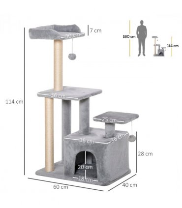 Cat Tree Tower Light Grey 60L x 40W x 114H cm Sisal Hanging Ball Condo Plush