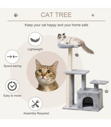 Cat Tree Tower Light Grey 60L x 40W x 114H cm Sisal Hanging Ball Condo Plush