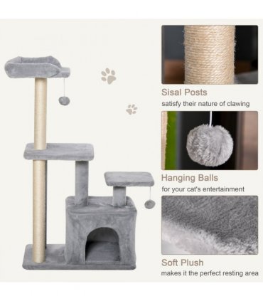 Cat Tree Tower Light Grey 60L x 40W x 114H cm Sisal Hanging Ball Condo Plush