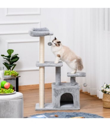 Cat Tree Tower Light Grey 60L x 40W x 114H cm Sisal Hanging Ball Condo Plush