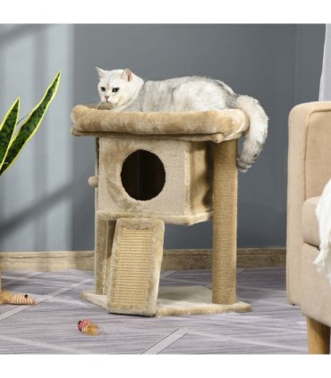Cat Tree Tower W/ Jute Scratching Pad, Toy Ball, Cat House 66x38x88 cm - Coffee