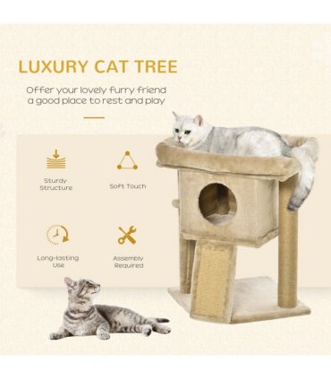 Cat Tree Tower W/ Jute Scratching Pad, Toy Ball, Cat House 66x38x88 cm - Coffee
