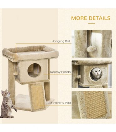 Cat Tree Tower W/ Jute Scratching Pad, Toy Ball, Cat House 66x38x88 cm - Coffee