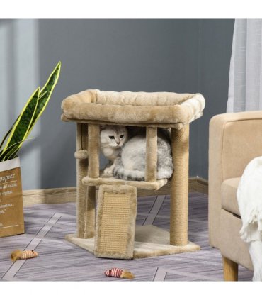 Cat Tree Tower W/ Jute Scratching Pad, Toy Ball, Cat House 66x38x88 cm - Coffee