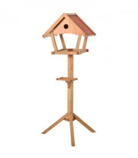 Wooden Bird Feeder Stand Natural Solid Fir Wood House-Shaped Design 2 Platforms