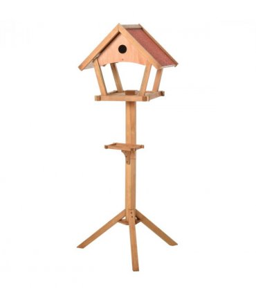Wooden Bird Feeder Stand Natural Solid Fir Wood House-Shaped Design 2 Platforms