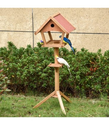 Wooden Bird Feeder Stand Natural Solid Fir Wood House-Shaped Design 2 Platforms