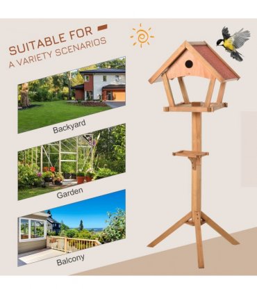 Wooden Bird Feeder Stand Natural Solid Fir Wood House-Shaped Design 2 Platforms