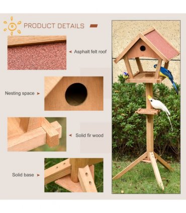 Wooden Bird Feeder Stand Natural Solid Fir Wood House-Shaped Design 2 Platforms
