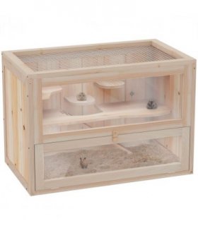 Wooden Hamster Cage Natural Wood Finish 60x35x42cm 2 Levels Mice Rodents Hutch