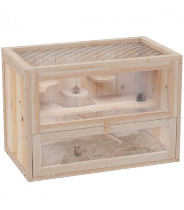 Wooden Hamster Cage Natural Wood Finish 60x35x42cm 2 Levels Mice Rodents Hutch