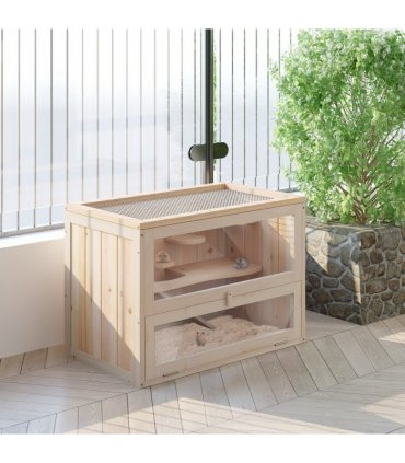 Wooden Hamster Cage Natural Wood Finish 60x35x42cm 2 Levels Mice Rodents Hutch
