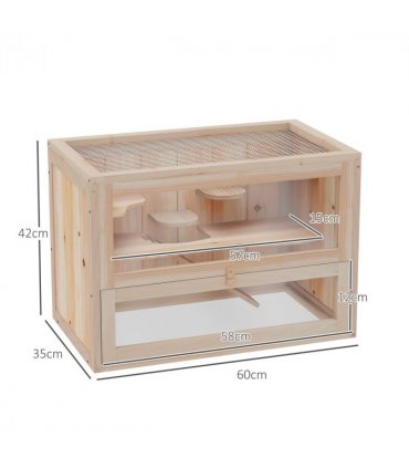 Wooden Hamster Cage Natural Wood Finish 60x35x42cm 2 Levels Mice Rodents Hutch
