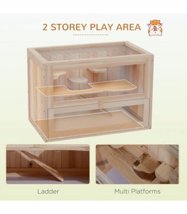 Wooden Hamster Cage Natural Wood Finish 60x35x42cm 2 Levels Mice Rodents Hutch