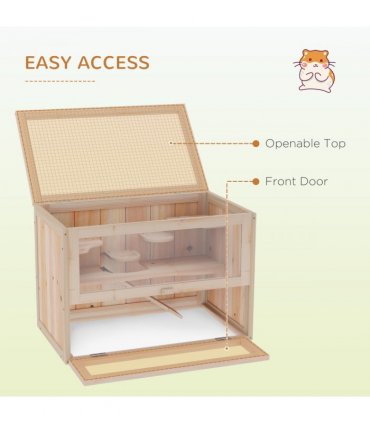 Wooden Hamster Cage Natural Wood Finish 60x35x42cm 2 Levels Mice Rodents Hutch