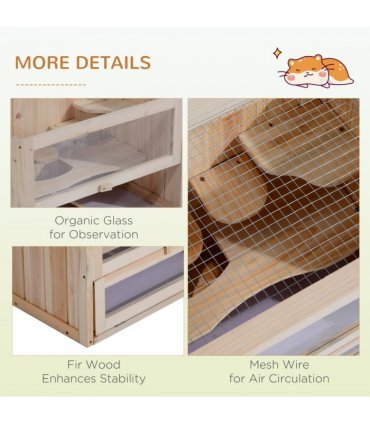 Wooden Hamster Cage Natural Wood Finish 60x35x42cm 2 Levels Mice Rodents Hutch