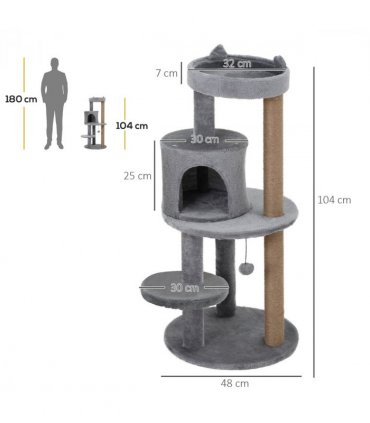 104cm Deluxe Cat Activity Tree w/ Scratching Posts Ear Perch House - Grey