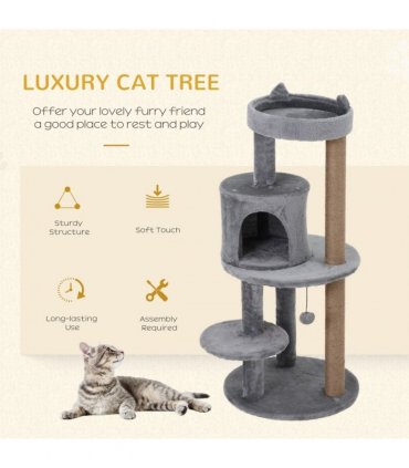 104cm Deluxe Cat Activity Tree w/ Scratching Posts Ear Perch House - Grey