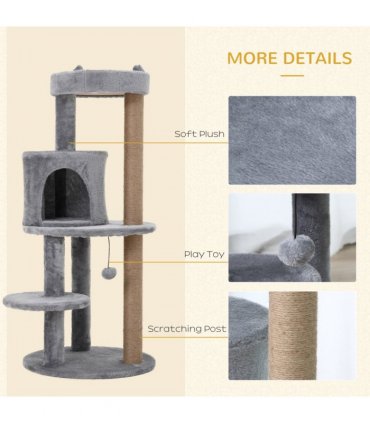 104cm Deluxe Cat Activity Tree w/ Scratching Posts Ear Perch House - Grey