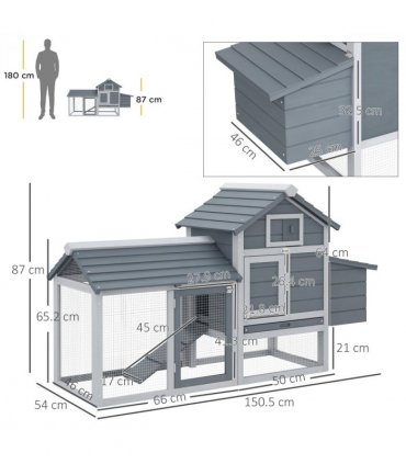 Grey Solid Fir Wood Small Chicken Coop 150.5 x 54 x 87 cm Outdoor Run