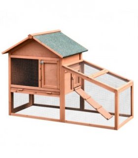 2 Tier Wood Rabbit Hutch Water Resistant Asphalt Roof Ramp 144 x 64.5 x 100 cm