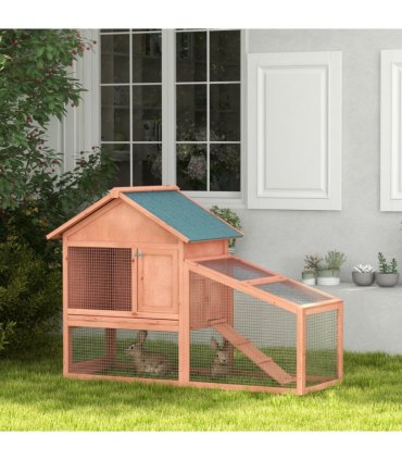 2 Tier Wood Rabbit Hutch Water Resistant Asphalt Roof Ramp 144 x 64.5 x 100 cm