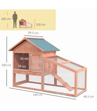 2 Tier Wood Rabbit Hutch Water Resistant Asphalt Roof Ramp 144 x 64.5 x 100 cm