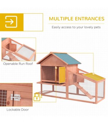 2 Tier Wood Rabbit Hutch Water Resistant Asphalt Roof Ramp 144 x 64.5 x 100 cm