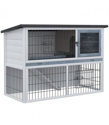 Rabbit Hutch and Run w/ Removable Tray Openable Top for Indoors & Outdoors Grey