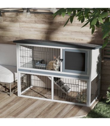 Rabbit Hutch and Run w/ Removable Tray Openable Top for Indoors & Outdoors Grey