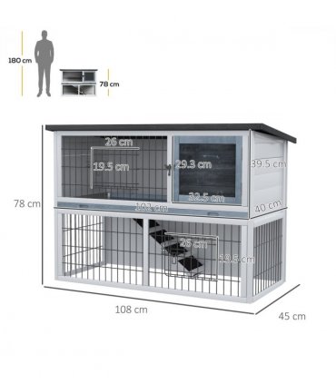 Rabbit Hutch and Run w/ Removable Tray Openable Top for Indoors & Outdoors Grey